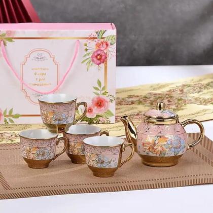 Imagem de conjunto com 4 xícaras e 1 bule/chaleira Rosa  Elegância Romântica e Delicada Porcelana