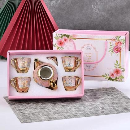 Imagem de conjunto com 4 xícaras e 1 bule/chaleira VerdeNatural, Elegante e Refinado Porcelana