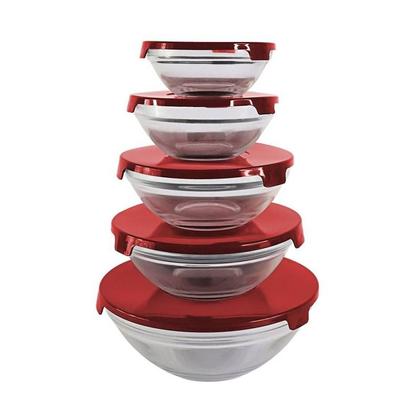 Imagem de Conjunto com 5 Potes Redondo de Vidro Com Tampa Vermelha