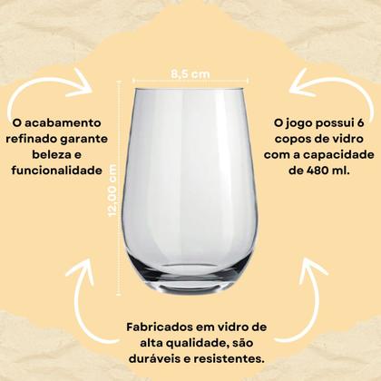 Imagem de Conjunto Com 6 Copos De Vidro Dubai 480ml Jogo De Copos Para Água E Suco De Vidro Transparente Long Drink 480ml Nadir Figueiredo
