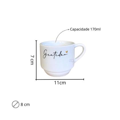 Imagem de Conjunto Com 6 Xícaras Hotel Empilháveis Gratidão Moderno Branca 170 ml
