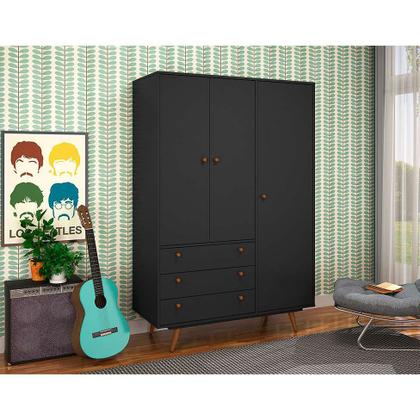 Conjunto com Guarda-Roupa Solteiro 3 PT 3 GV Preto e Cômoda Retrô 4 GV Preta - Mobly Imagem de Conjunto com Guarda-Roupa Solteiro 3 PT 3 GV Preto e Cômoda Retrô 4 GV Preta
