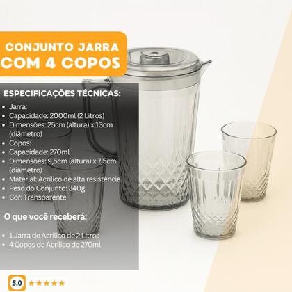 Imagem de Conjunto com Jarra e 4 Copos em Acrílico  Resistente, Leve e Ideal para Uso Diário ou Festas
