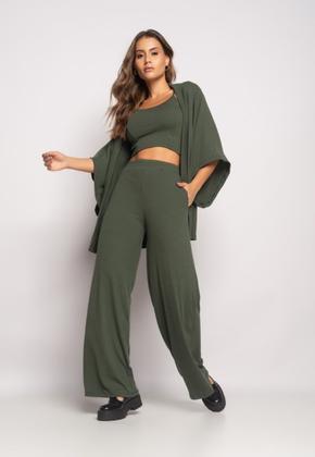Imagem de Conjunto Com Kimono, Cropped e Wide Leg Canelado Verde Salvatore