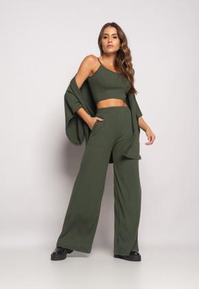 Imagem de Conjunto Com Kimono, Cropped e Wide Leg Canelado Verde Salvatore