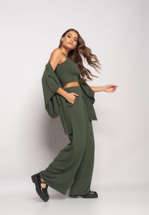 Imagem de Conjunto Com Kimono, Cropped e Wide Leg Canelado Verde Salvatore