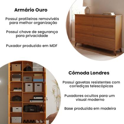Imagem de Conjunto Cômoda Londres 6 Gavetas e Guarda Roupa Solteiro Gold 2 Portas para Dormitório - Nature