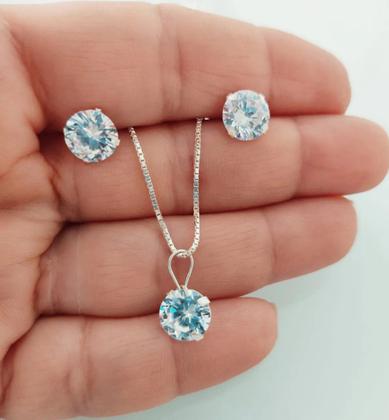 Imagem de Conjunto Cordão Corrente Colar 45cm Brinco Ponto Luz Feminino Prata 925