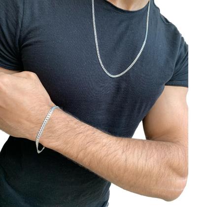 Imagem de Conjunto Cordão Prata Masculina 3,5Mm Pulseira Grumet 5Mm