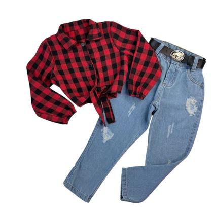 Imagem de Conjunto Country Infantil Camisa Xadrez Calça Jeans Feminina Novidade