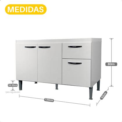 Imagem de Conjunto Cozinha 120cm com Armário Aéreo Triplo e Balcão Multiuso de Pia sem Tampo