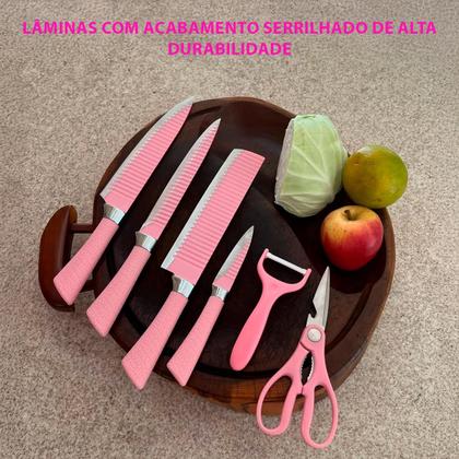 Imagem de Conjunto Cozinha 6 Peças Facas com Tesoura Inox Alta Precisão e Cabo Seguro Preto ou Rosa