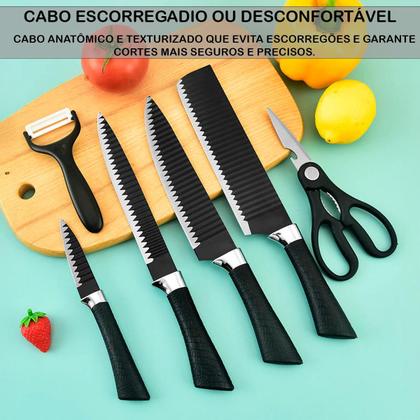 Imagem de Conjunto Cozinha 6 Peças Facas com Tesoura Inox Alta Precisão e Cabo Seguro Preto ou Rosa