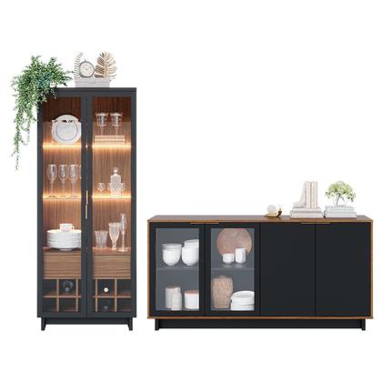 Imagem de Conjunto Cristaleira 2 Portas de Vidro Guanabara com LED e Buffet Sala de Jantar 4 Portas Vitória Preto/Fosco/Noce Milano