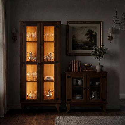 Imagem de Conjunto Cristaleira com Led e Barzinho Imperial 2 Portas em Madeira e Vidro para Sala - Castanho