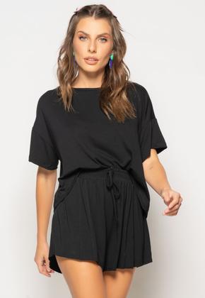 Imagem de Conjunto Cropped Amplo Manga Curta e Short Malha Preto Salvatore