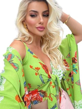 Imagem de Conjunto Cropped Bojo Kimono Estampado Viscose Feminino