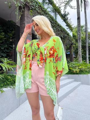 Imagem de Conjunto Cropped Bojo Kimono Estampado Viscose Feminino