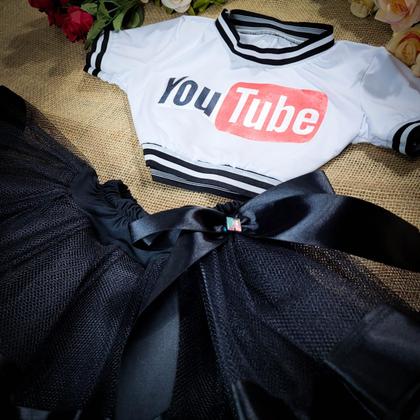 Imagem de Conjunto Cropped e Saia de Tule Infantil Juvenil Fantasia Carnaval Halloween Estampa Youtube