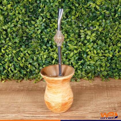 Imagem de Conjunto Cuia De Chimarrão Tererê Marmorizada Com Bomba Pedra Cristal Dourada Decorativa Kit Para Tomar Mate Presente