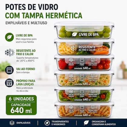 Conjunto de 06 Potes de Vidro 640ml Tampa Hermética com Trava Fitnes Marmita Organizador pode ir no...