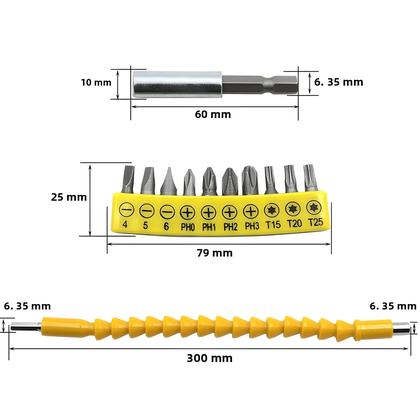 Imagem de Conjunto de 10 Bits de Chave de Fenda com Eixo Flexível Amarelo - Haste Hexagonal de 60mm e 300mm