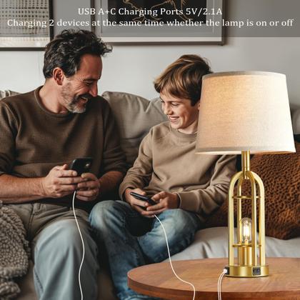 Imagem de Conjunto de 2 candeeiros de mesa SRJJA Gold com portas USB A+C