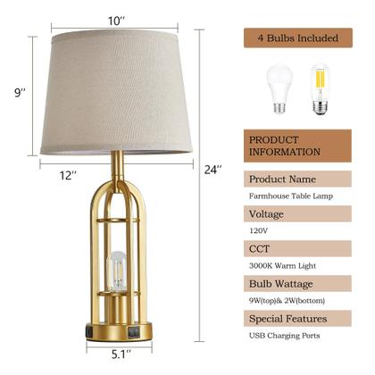 Imagem de Conjunto de 2 candeeiros de mesa SRJJA Gold com portas USB A+C