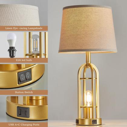 Imagem de Conjunto de 2 candeeiros de mesa SRJJA Gold com portas USB A+C