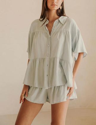Imagem de Conjunto de 2 peças Outfit Qiaomai: camisa de verão com babados e shorts