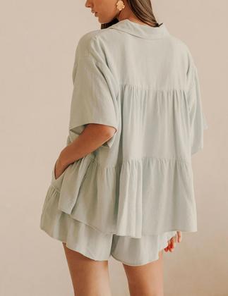 Imagem de Conjunto de 2 peças Outfit Qiaomai: camisa de verão com babados e shorts