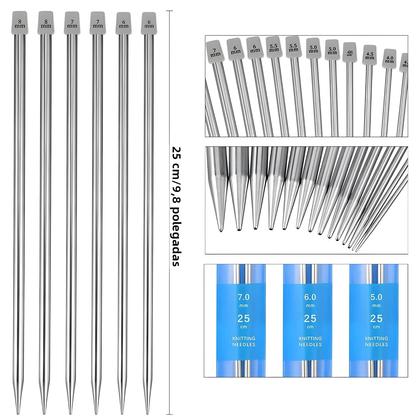 Imagem de Conjunto De 22 Agulhas De Tricô Em Aço Inoxidável 2mm-8mm Agulhas De Crochê Retas De Ponta Única