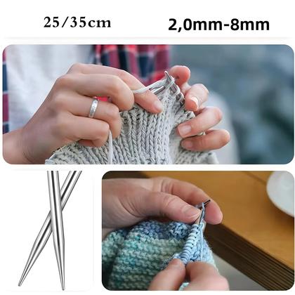 Imagem de Conjunto De 22 Agulhas De Tricô Em Aço Inoxidável 2mm-8mm Agulhas De Crochê Retas De Ponta Única