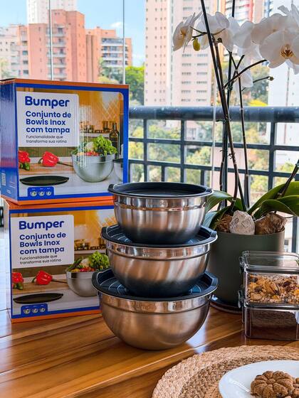 Imagem de Conjunto de 3 Bowls Bumper em Inox com Tampa Hermética  Kit Tigelas Multiuso Cozinha