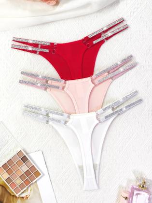 Imagem de Conjunto De 3 Peças De Lingerie Íntima Feminina Sexy E Confortável Com Cintos Brilhantes, Calcinhas