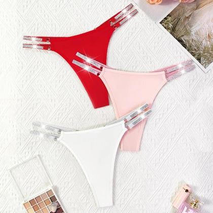 Imagem de Conjunto De 3 Peças De Lingerie Íntima Feminina Sexy E Confortável Com Cintos Brilhantes, Calcinhas