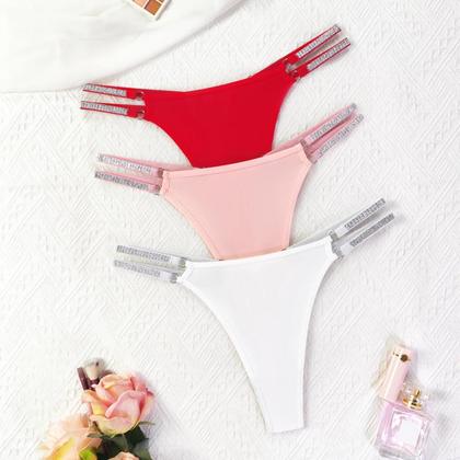 Imagem de Conjunto De 3 Peças De Lingerie Íntima Feminina Sexy E Confortável Com Cintos Brilhantes, Calcinhas