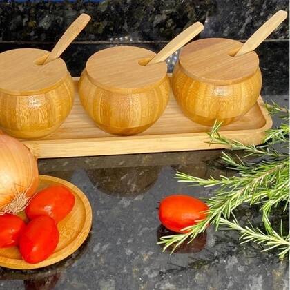 Imagem de Conjunto de 3 Potes de Bambu para Armazenamento Ecológico de Condimentos
