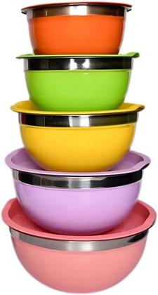 Imagem de Conjunto de 5 Bowls Tigelas de Inox Coloridos com Tampa Plástica Kit