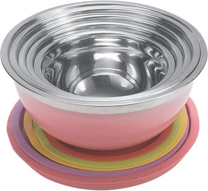 Imagem de Conjunto de 5 Bowls Tigelas de Inox Coloridos com Tampa Plástica Kit