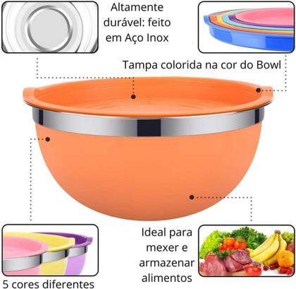 Imagem de Conjunto de 5 Bowls Tigelas de Inox Coloridos com Tampa Plástica Kit