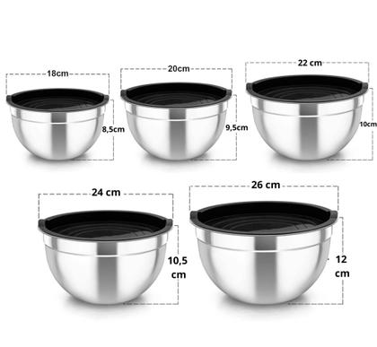 Imagem de Conjunto De 5 Bowls Tigelas De Inox Com Tampa Plástica Kit