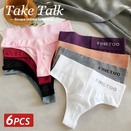 Imagem de Conjunto De 6 Calcinhas Sem Costura Para Mulheres, Cor Sólida, Cintura Média, Sexy, G-String, Roupa