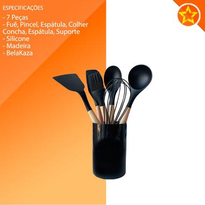 Imagem de  Conjunto de 7 Utensílios de Cozinha de Silicone com Cabo de Madeira Belakaza 