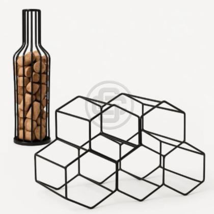 Imagem de Conjunto de Adega Aramada de Mesa e Porta Rolhas Decorativo Para Vinho, Estilo Moderno KIT PRETO