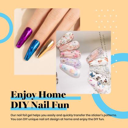 Imagem de Conjunto de adesivos Beetles Nail Foil Glue, 2 frascos de 15 ml com 20 peças de flores, borboletas e adesivos de papel alumínio, cola para transferência de unhas, arte de manicure, unhas DIY, é necessária lâmpada LED, absorva