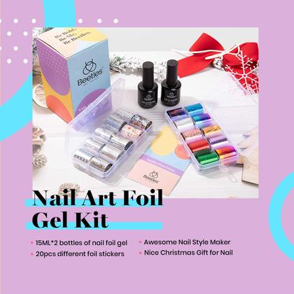 Imagem de Conjunto de adesivos Beetles Nail Foil Glue, 2 frascos de 15 ml com 20 peças de flores, borboletas e adesivos de papel alumínio, cola para transferência de unhas, arte de manicure, unhas DIY, é necessária lâmpada LED, absorva
