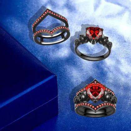 Imagem de Conjunto de Anéis Góticos com Caveira, Coração e Zircônia - Prata, Ouro, Vermelho e Roxo