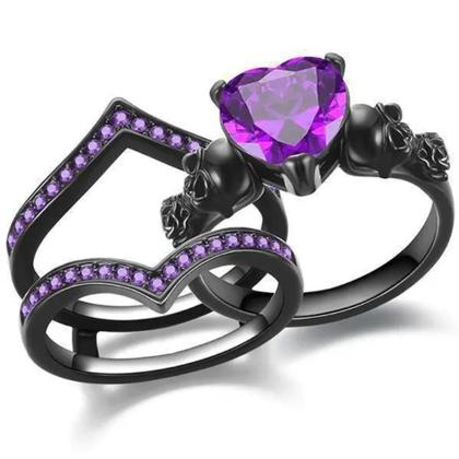 Imagem de Conjunto de Anéis Góticos com Caveira, Coração e Zircônia - Prata, Ouro, Vermelho e Roxo