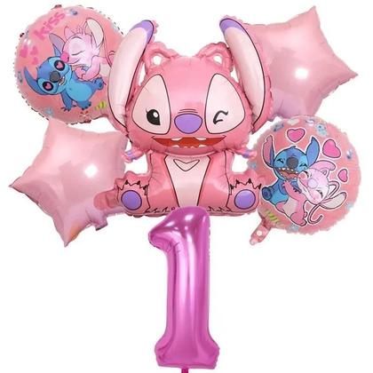 Imagem de Conjunto De Balões De Folha Rosa Angel Lilo Stitch 6 Peças Decorações Para Festa De Aniversário